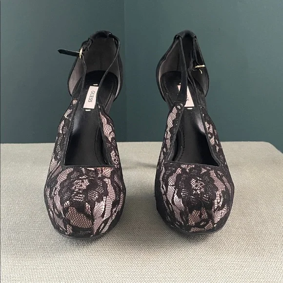 Guess Black Lace Overlay Pink platform Heels vintage - Picture 2 of 12